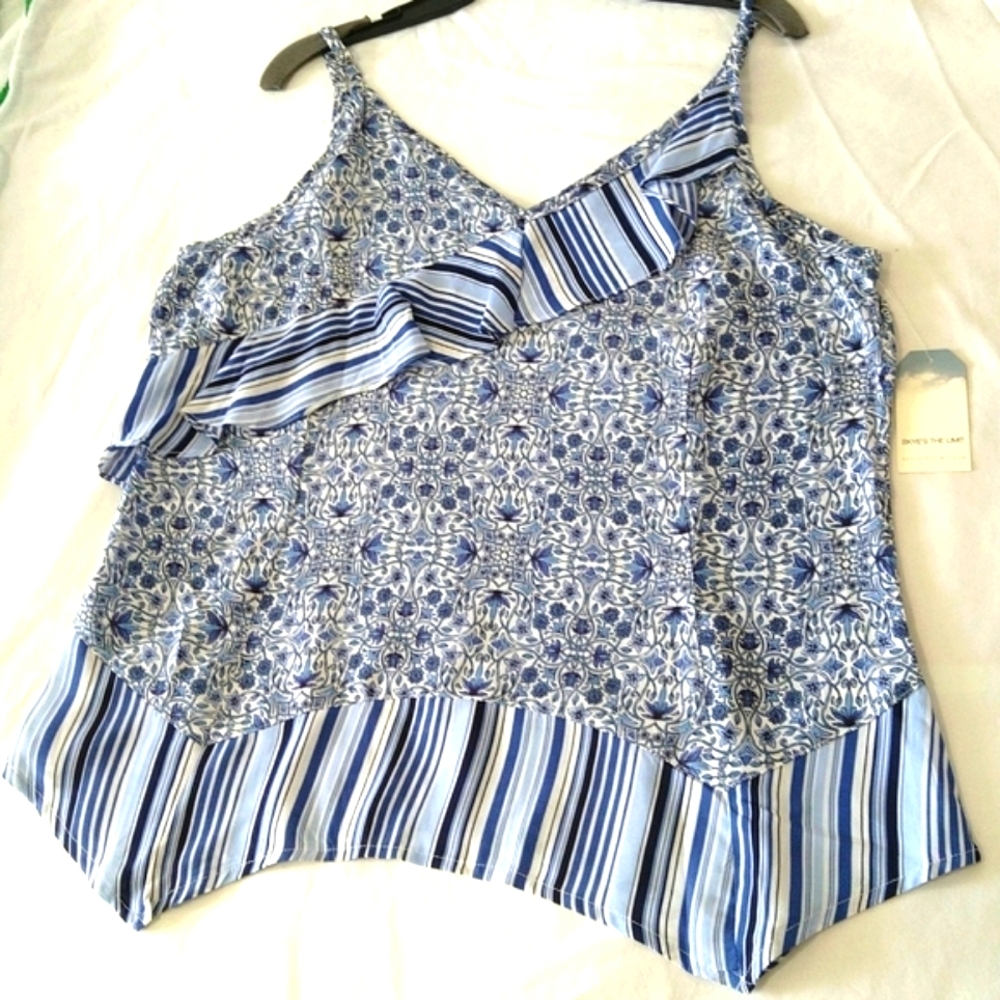 Skye's the limit women's floral v neck ruffle White Blue tank top. Summer, Beach - Picture 6 of 8